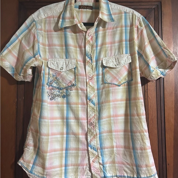 7 Diamonds Pastel Plaid Short Sleeve Shirt - Picture 1 of 7